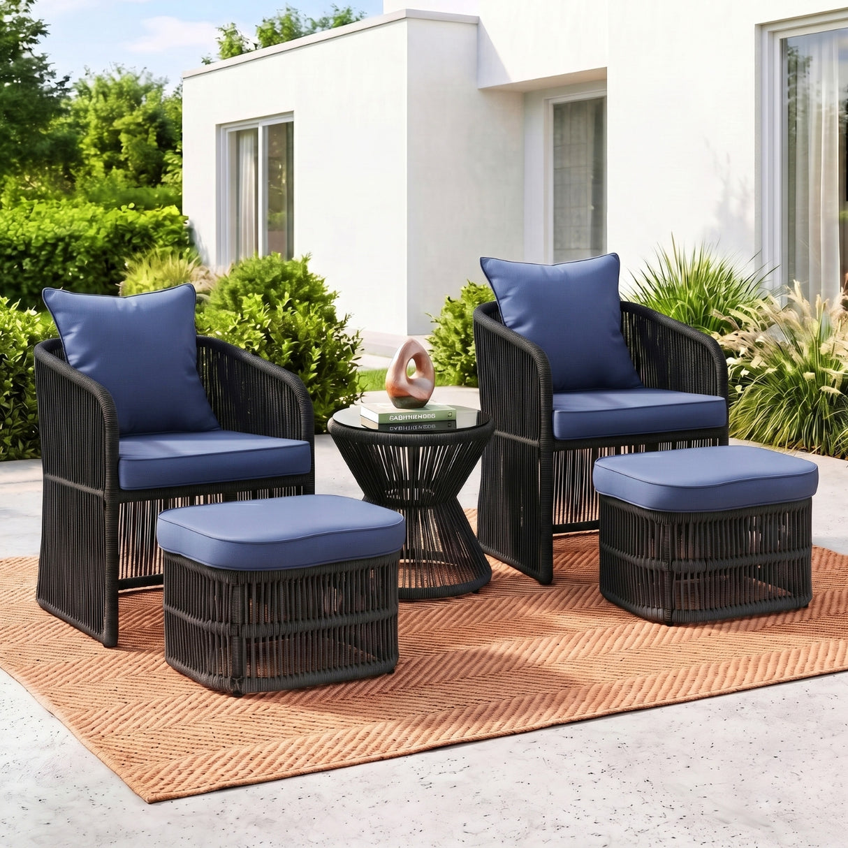 Outdoor 5 Piece Rope Patio Chair Ottoman Set (Black & Navy-Blue)