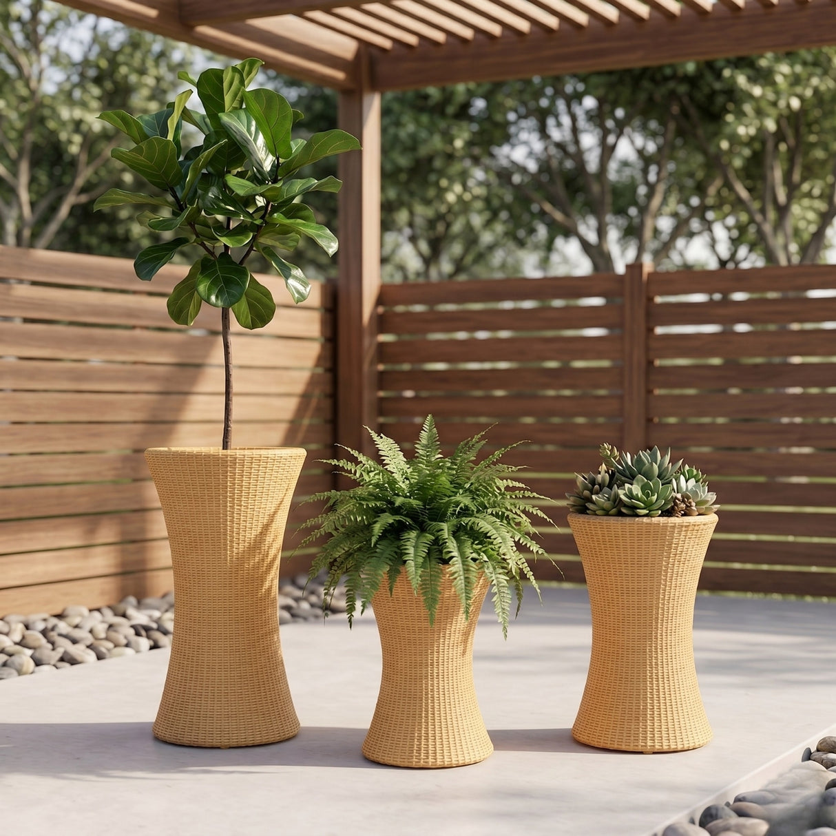 Outdoor Hourglass Design Set of 3 Wicker Planters (Beige)