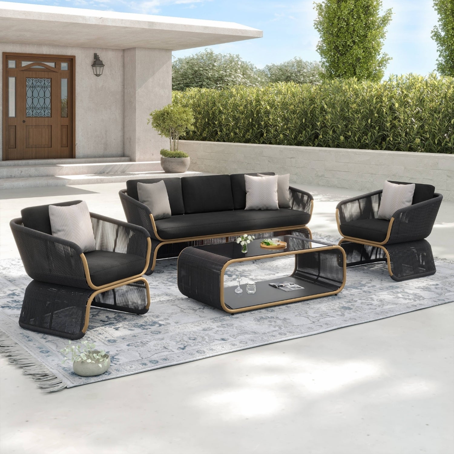 Outdoor Braided Rope Sofa Set With 2-Tier Glass Top Table
