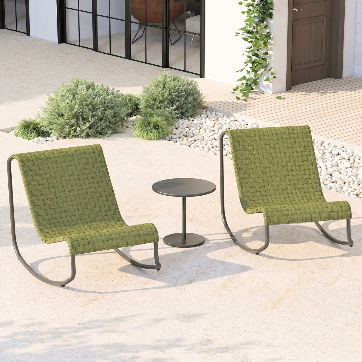 Outdoor Rope Patio Conversation Set with 2 Lounge Chairs & Round Center Table