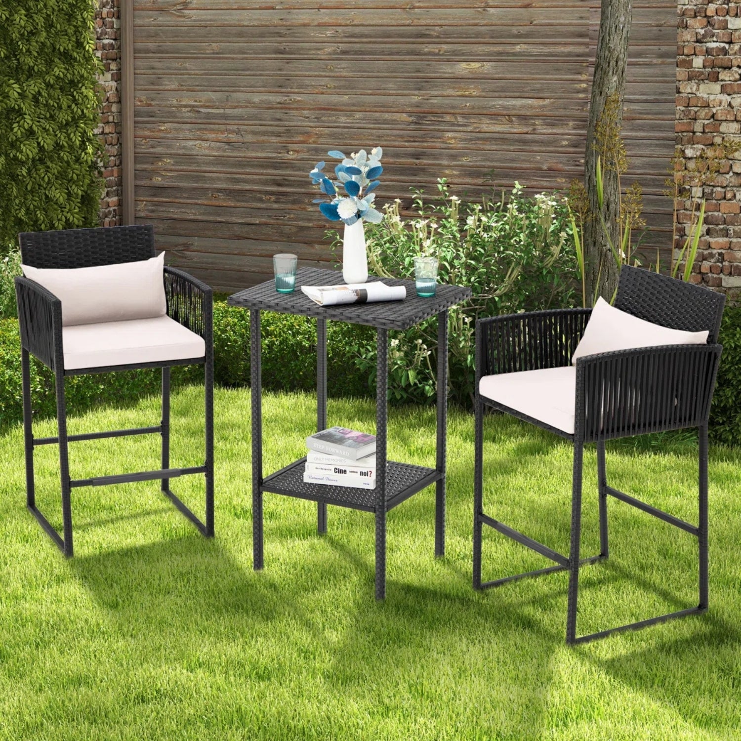 Outdoor Rattan Wicker Bar Set With 2-Tier Table