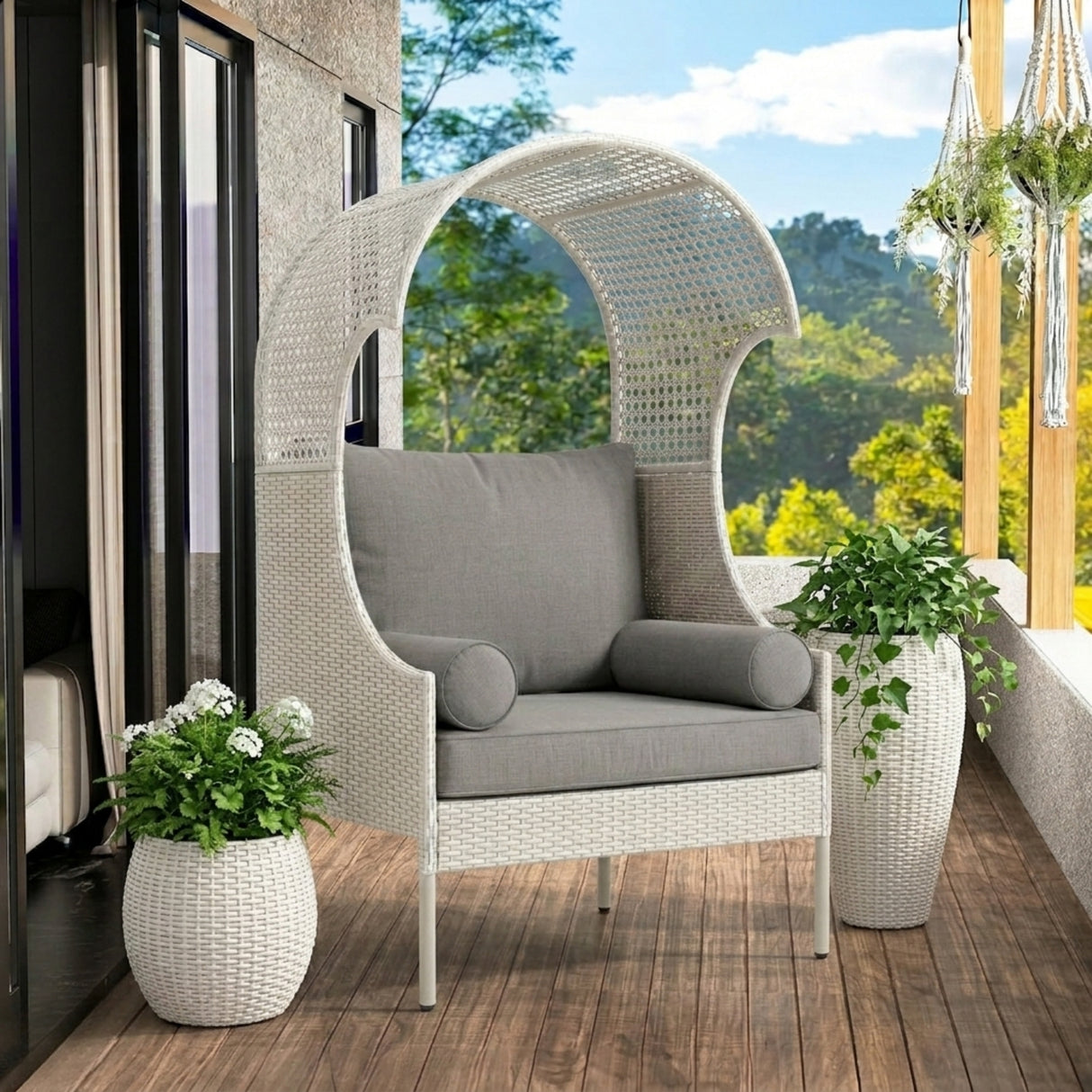 Outdoor Wicker Canopy Egg Chair with Cushions (White & Grey)