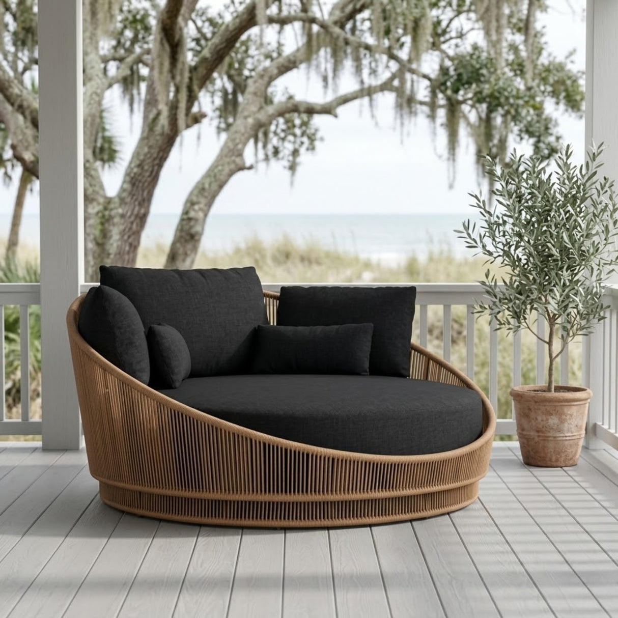Modern Curved Patio Outdoor Rope Daybed (Beige & Black)