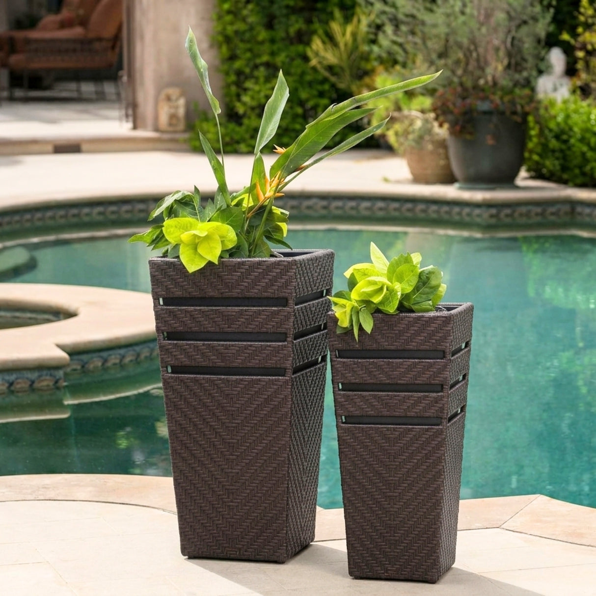 Outdoor Tall Square Rattan Planter Set of 2 (Dark Brown)