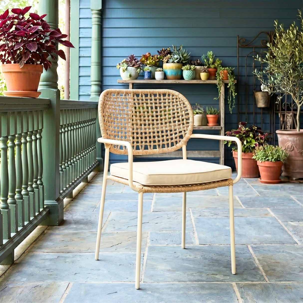 Outdoor Rope Dining Chair with Cushion (Beige & Cream)