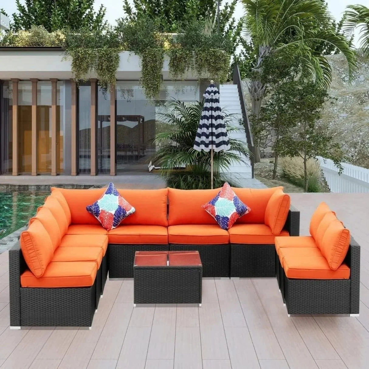 Outdoor Garden Conversation Sofa Set (Black/Orange)