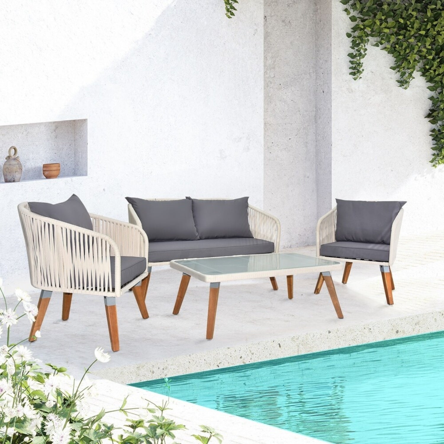 Outdoor Rope 4-Piece Sofa Set (White & Grey)
