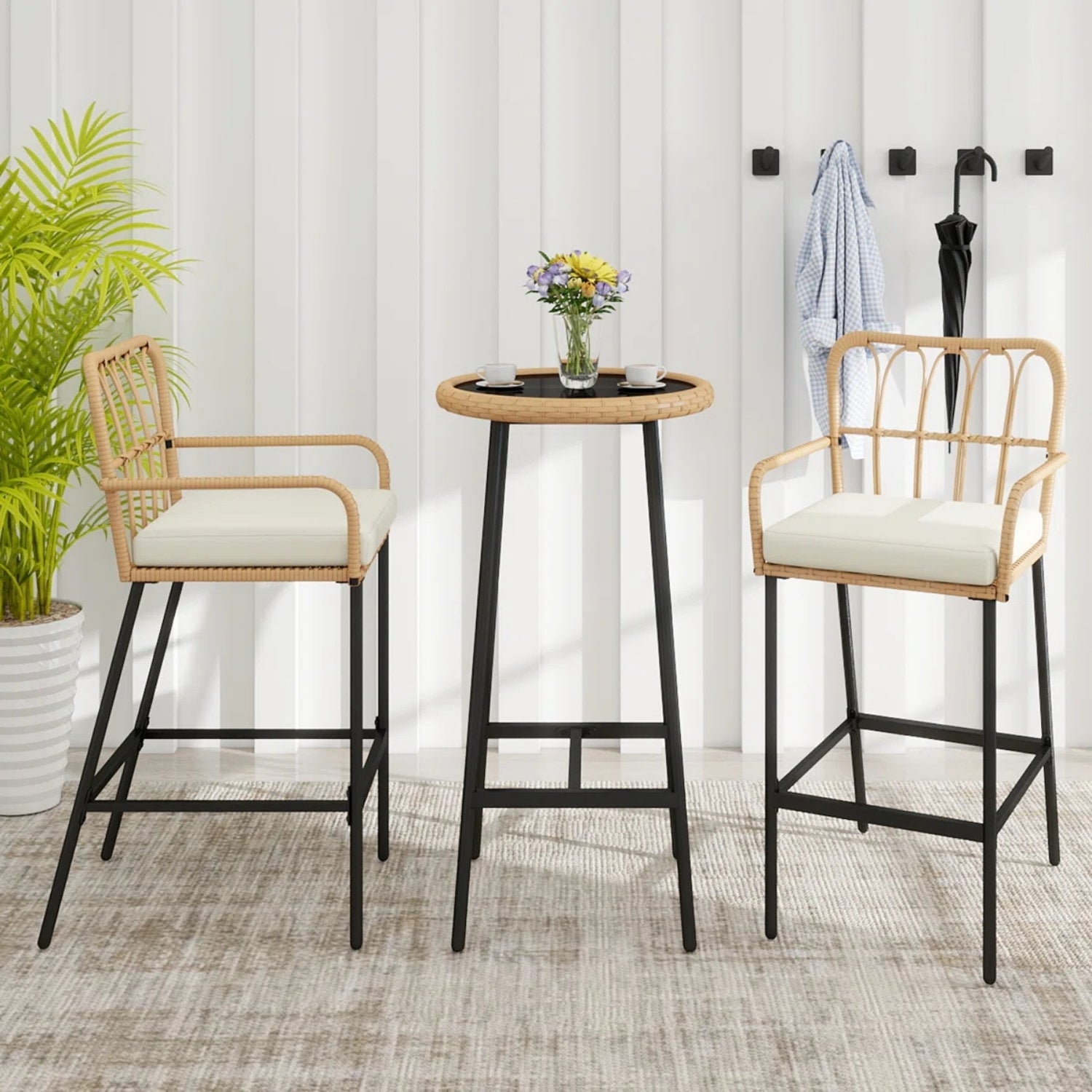 Outdoor Rattan Wicker Bar Set with Round Table