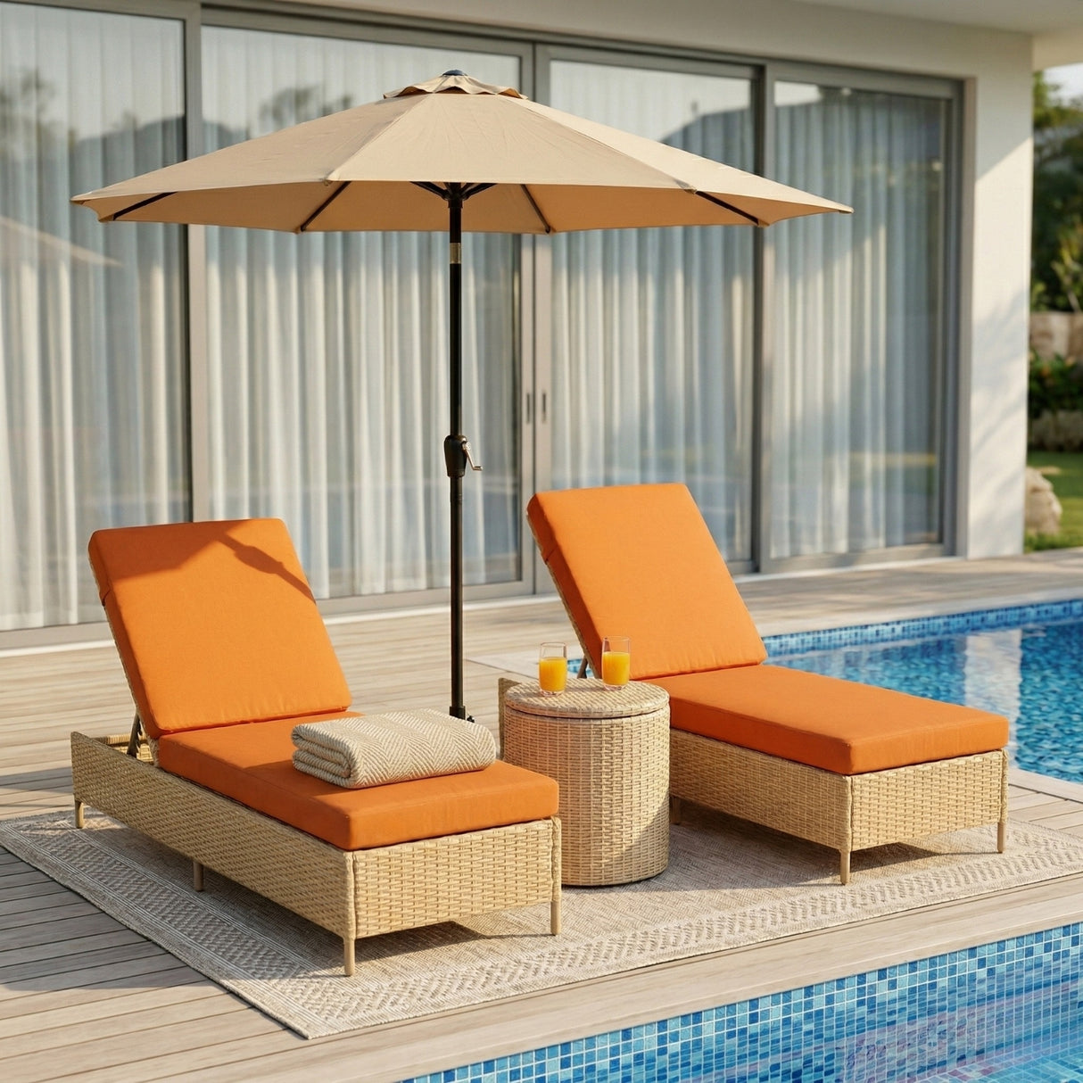 Outdoor Wicker Rattan Lounger Set of 2 with Patio Umbrella (Beige & Orange)