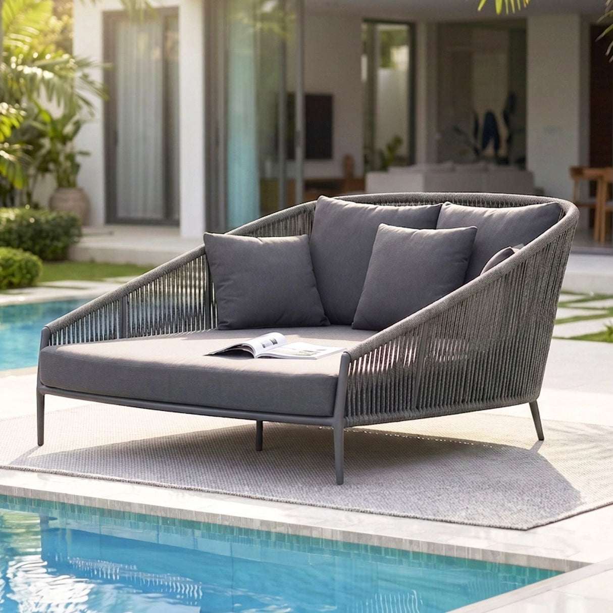 Outdoor Grey Rope Patio Daybed with Comfortable Dark Grey Cushion