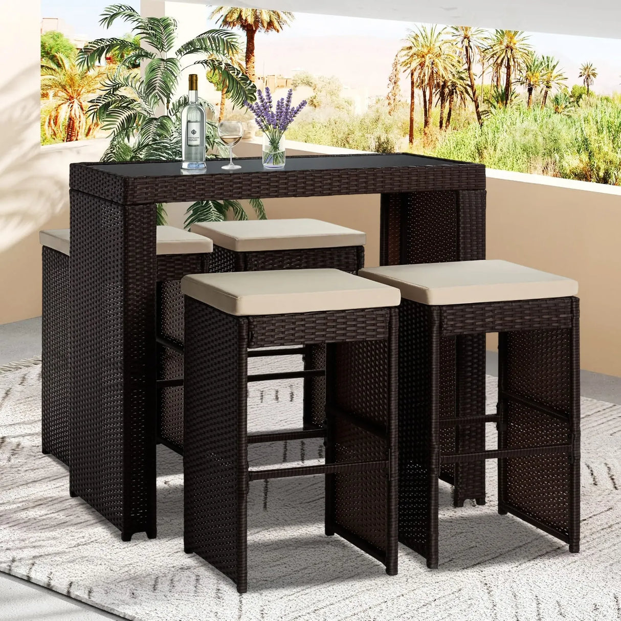 5-Piece Outdoor Rattan Wicker Bar Set with Glass Top Table