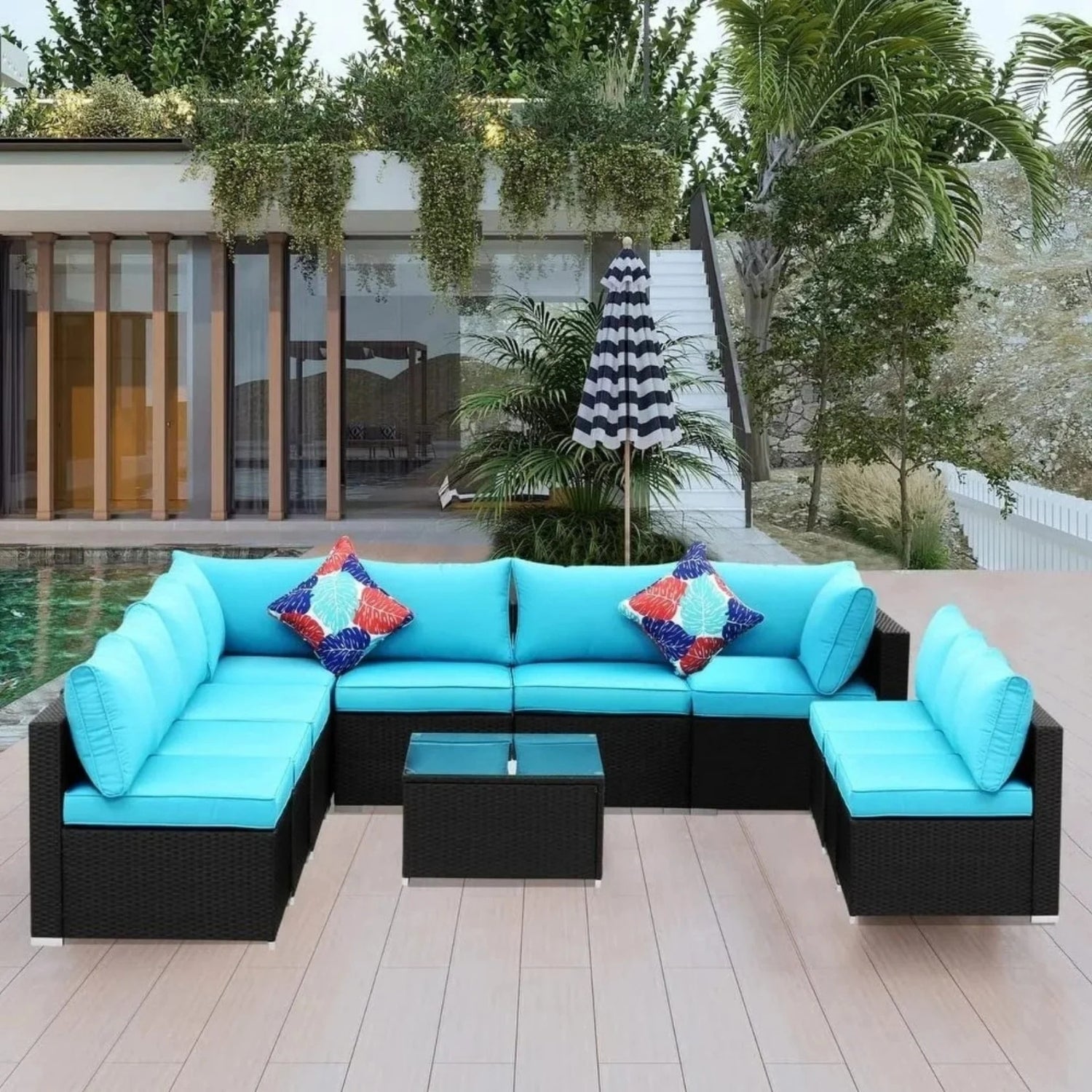 Outdoor Garden Conversation Sofa Set (Black/Sky-Blue)