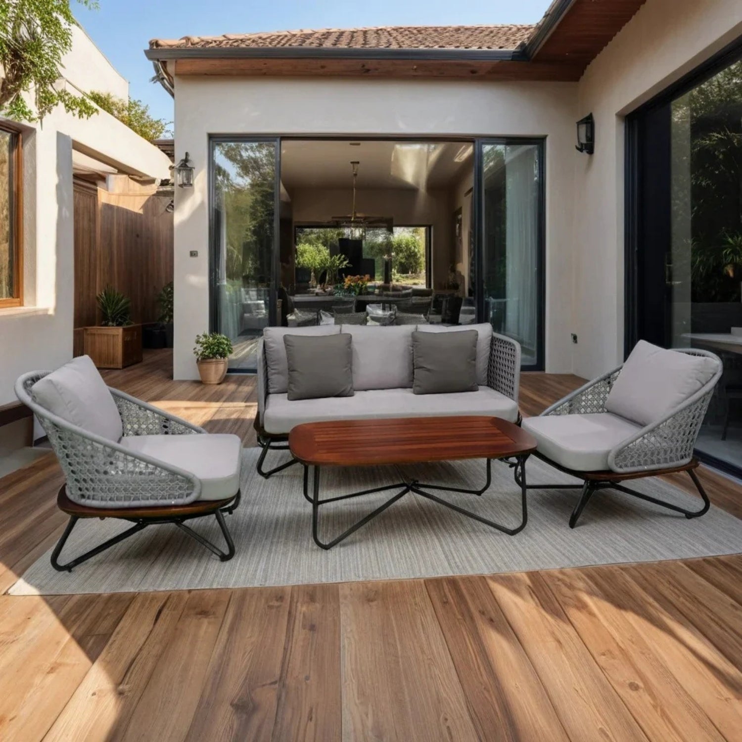 Outdoor Grey Rope 4-Piece Sofa Set With Wooden Top Table