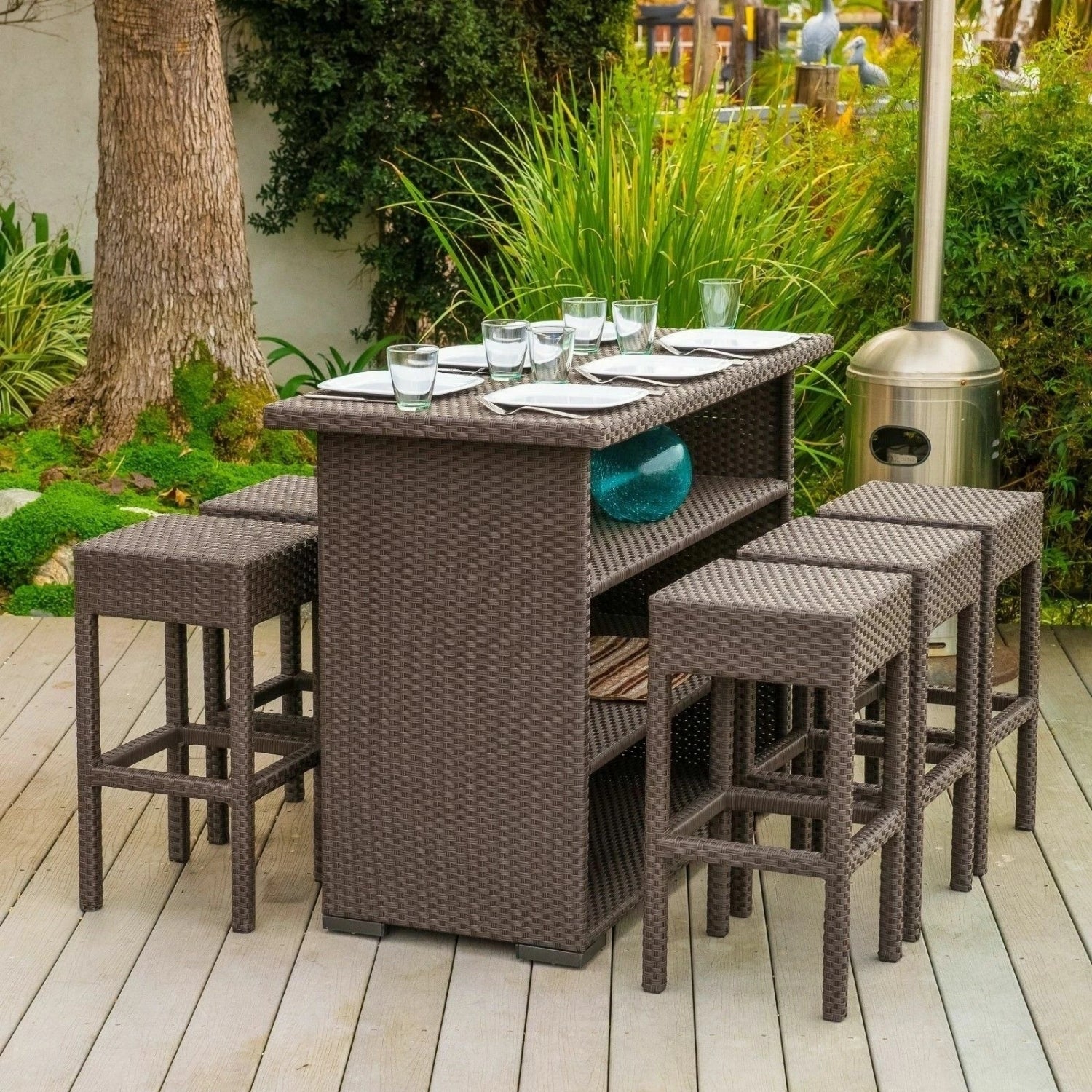 7-Piece Outdoor Rattan Wicker Bar Set with Wicker Top Table