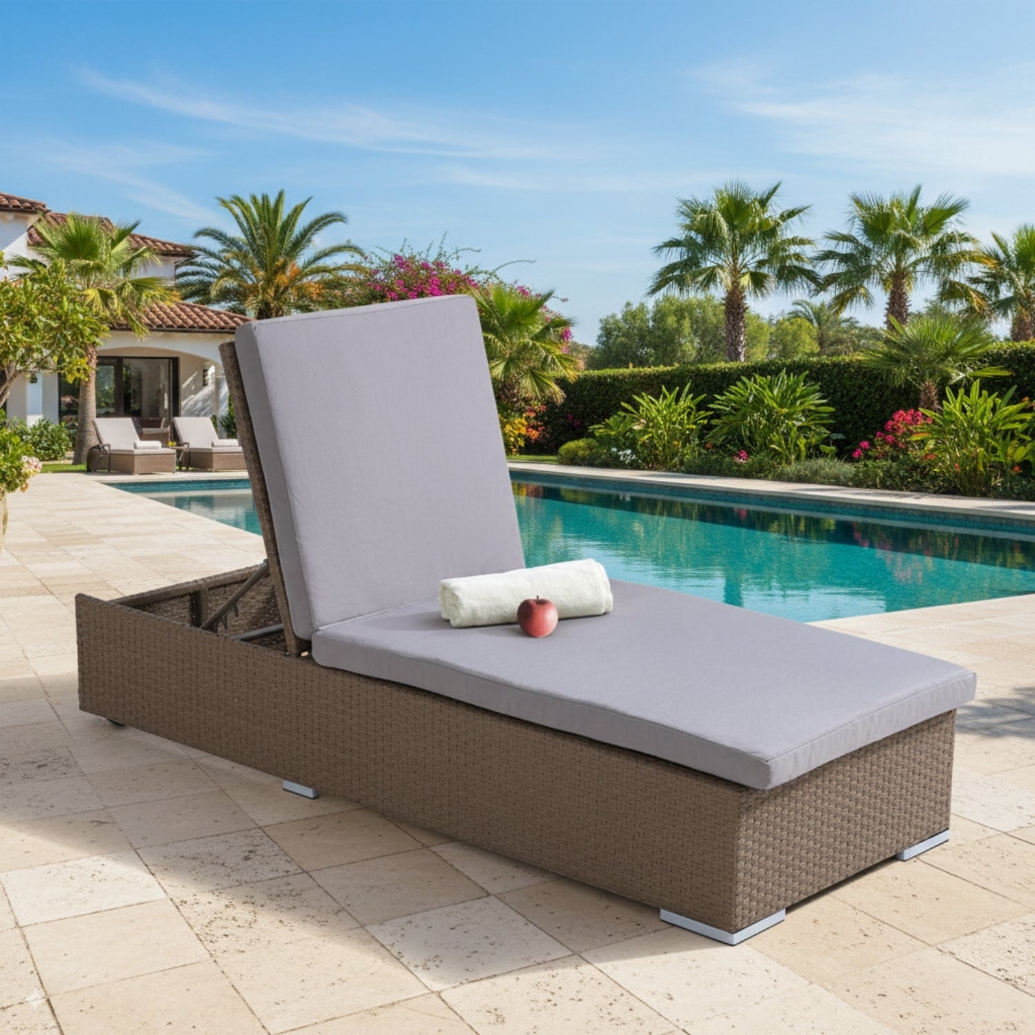 Outdoor All-Weather Rattan Wicker Lounger (Beige & Grey)