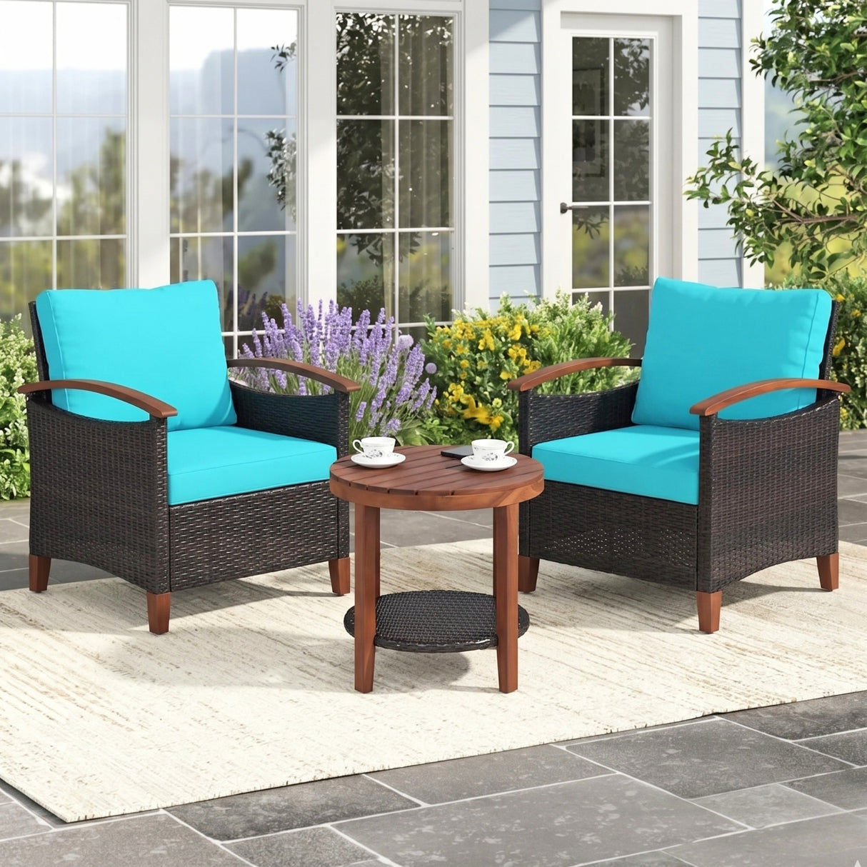 3-Piece Outdoor Wicker Patio Conversation Set (Dark Brown & Sky-Blue)