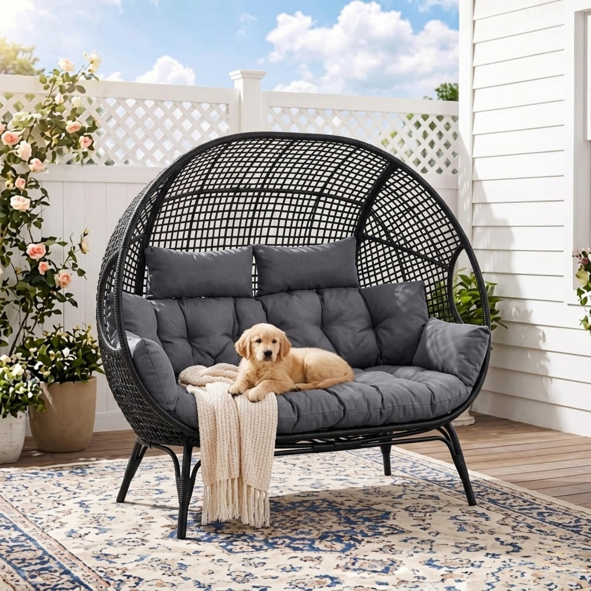Outdoor Rattan Wicker Double Seater Egg Chair (Black & Dark Grey)