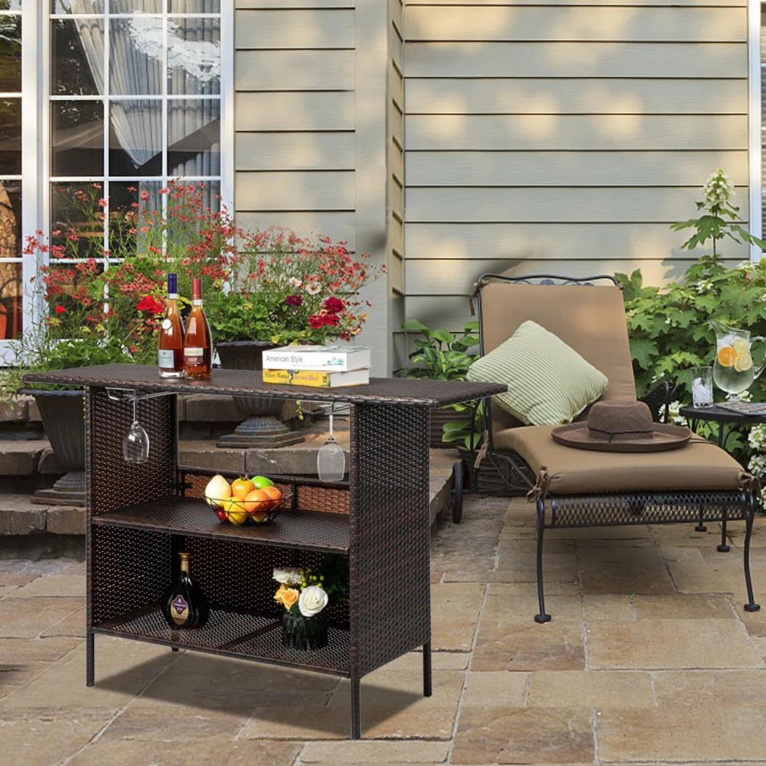 Outdoor Rattan Wicker Bar Table With Storage Selves