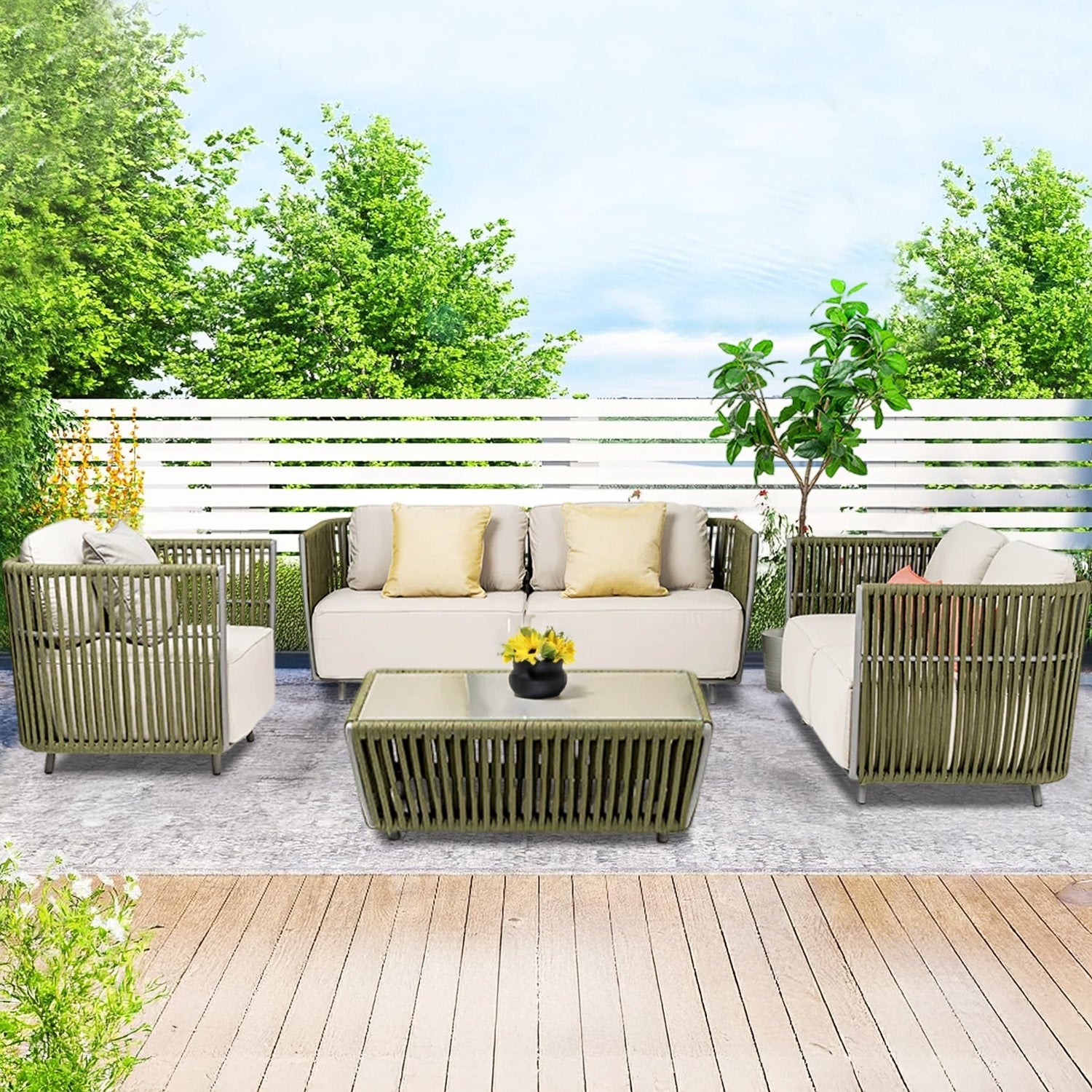 All-Weather Rope 5 Seater Sofa Set With Glass Top Table