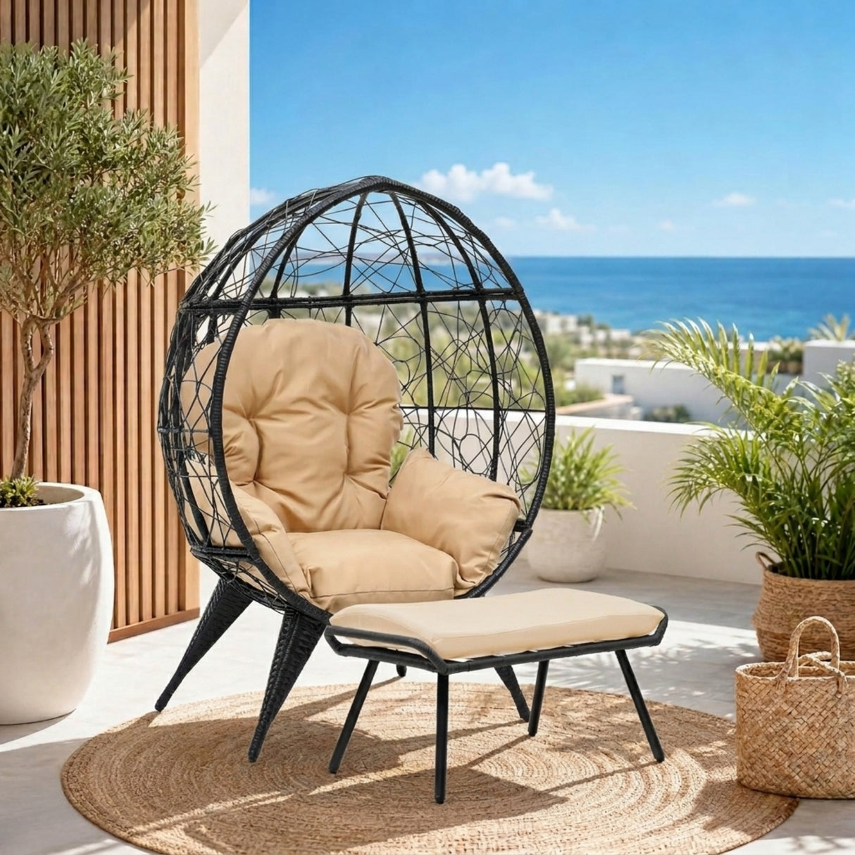 Outdoor Wicker Egg Chair with Ottoman (Black & Beige)