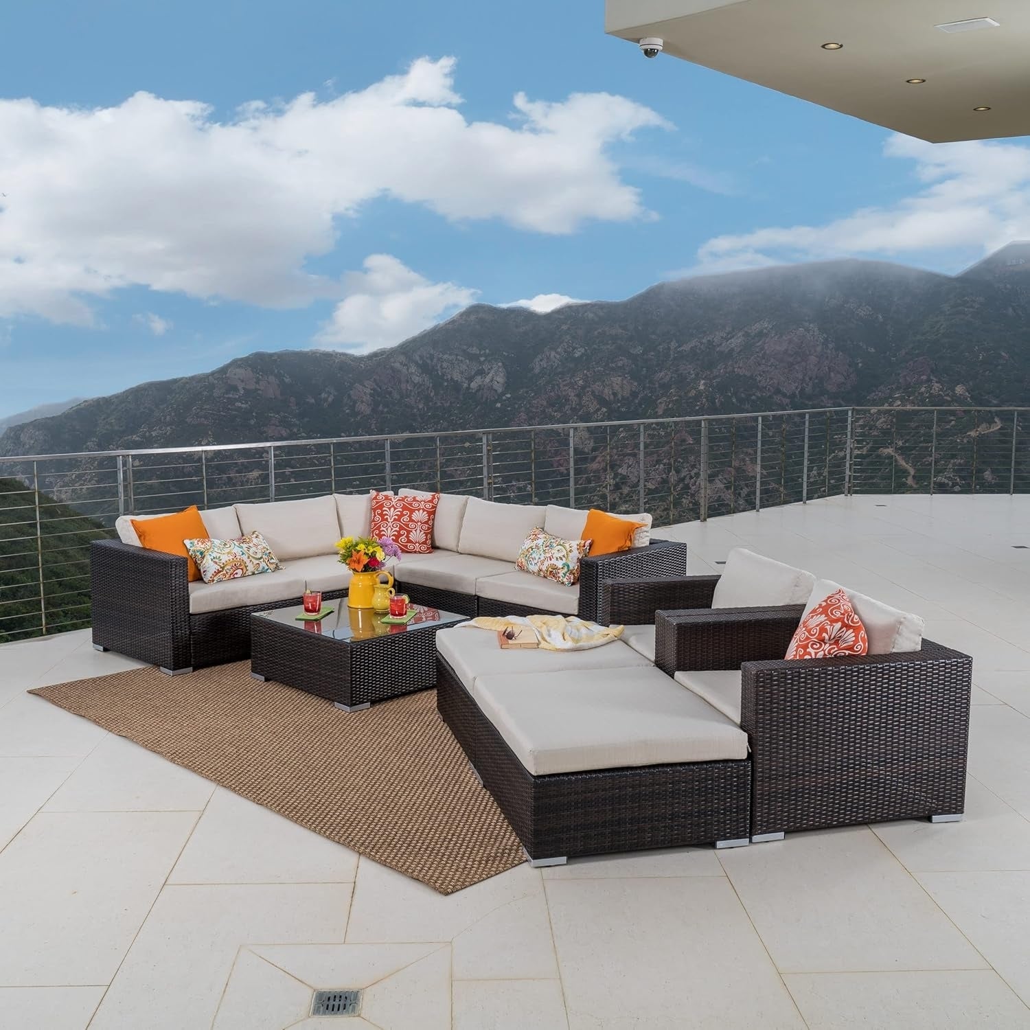 7-Piece Rattan Sectional Sofa Set (Dark Brown/Cream)