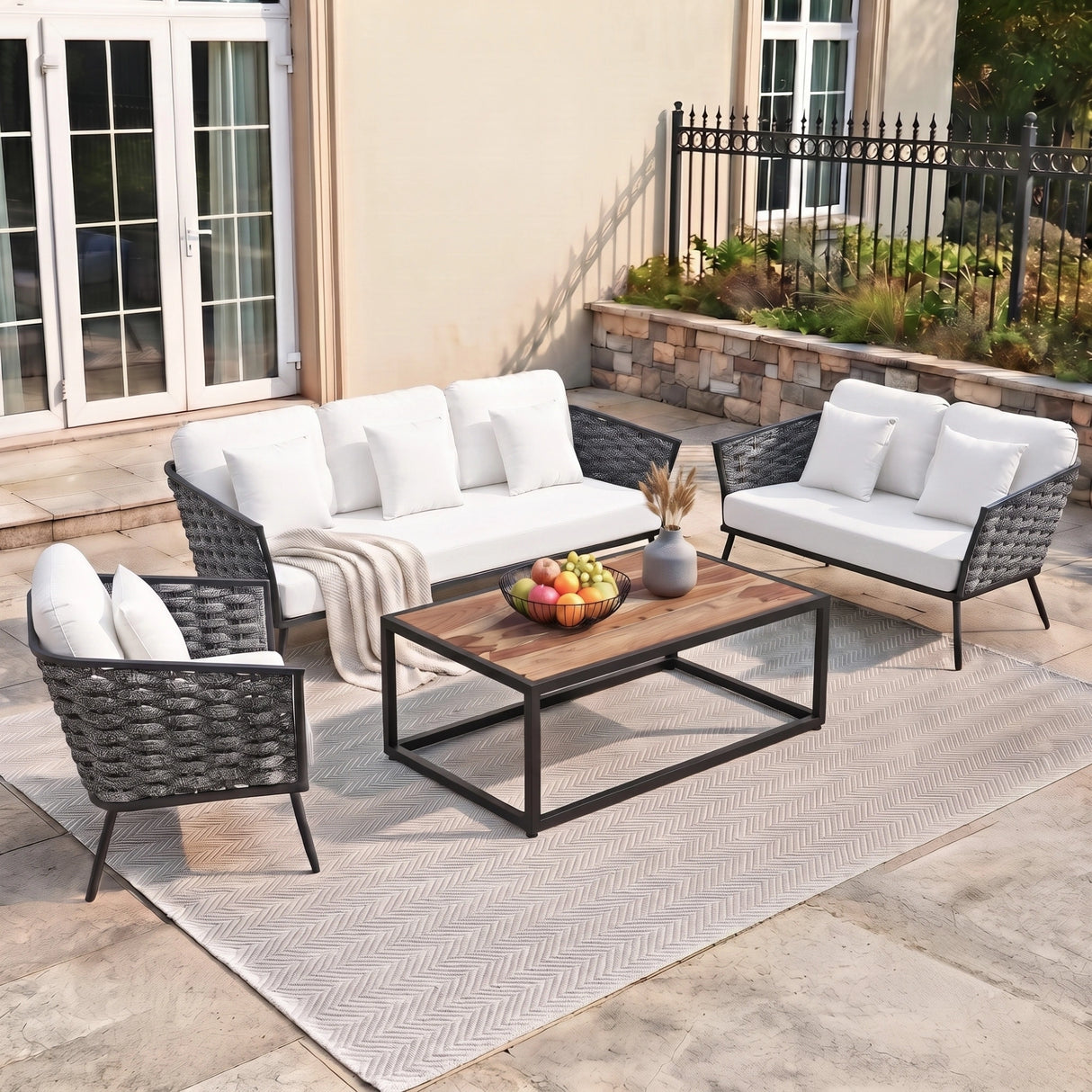 4 Piece Outdoor Rope Sofa Set with Wooden Top Table