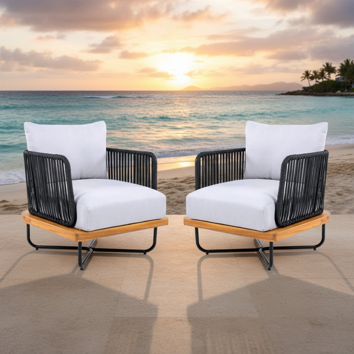 Premium All-Weather Outdoor Rope Sofa Chairs Set (Black & Off-White)