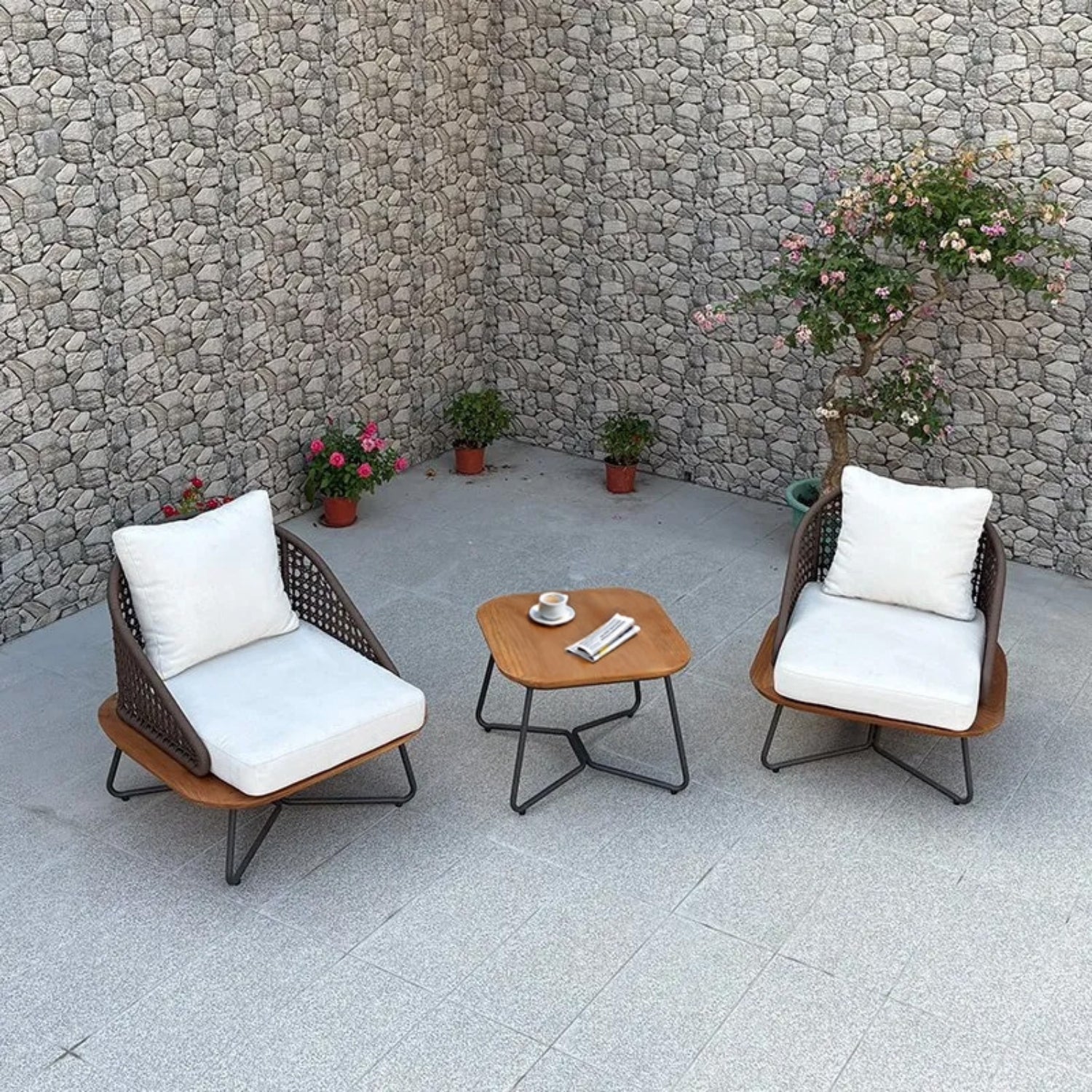 Outdoor Rope 3-Piece Patio Set With Wooden Top Table
