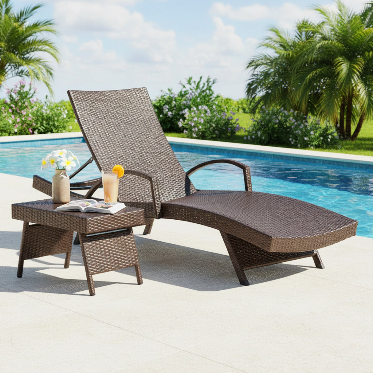 Outdoor All-Weather HDPE Wicker Rattan Sunlounger Recliner with Side Table