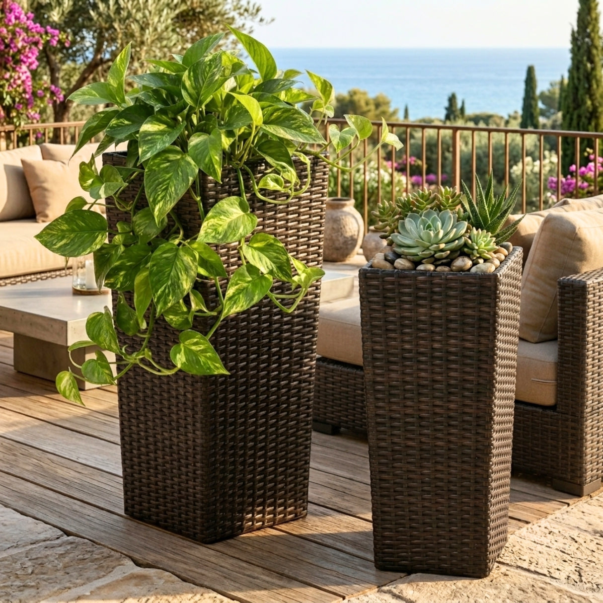 2-Piece Outdoor Rattan Wicker Tall Square Planters (Dark Brown)