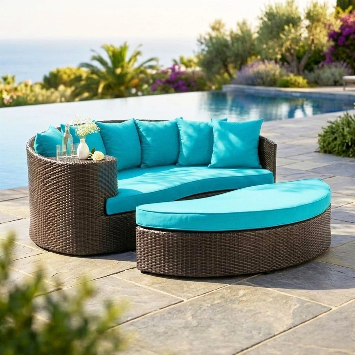 Outdoor Rattan Wicker Daybed (Dark Brown & Turquoise Blue)