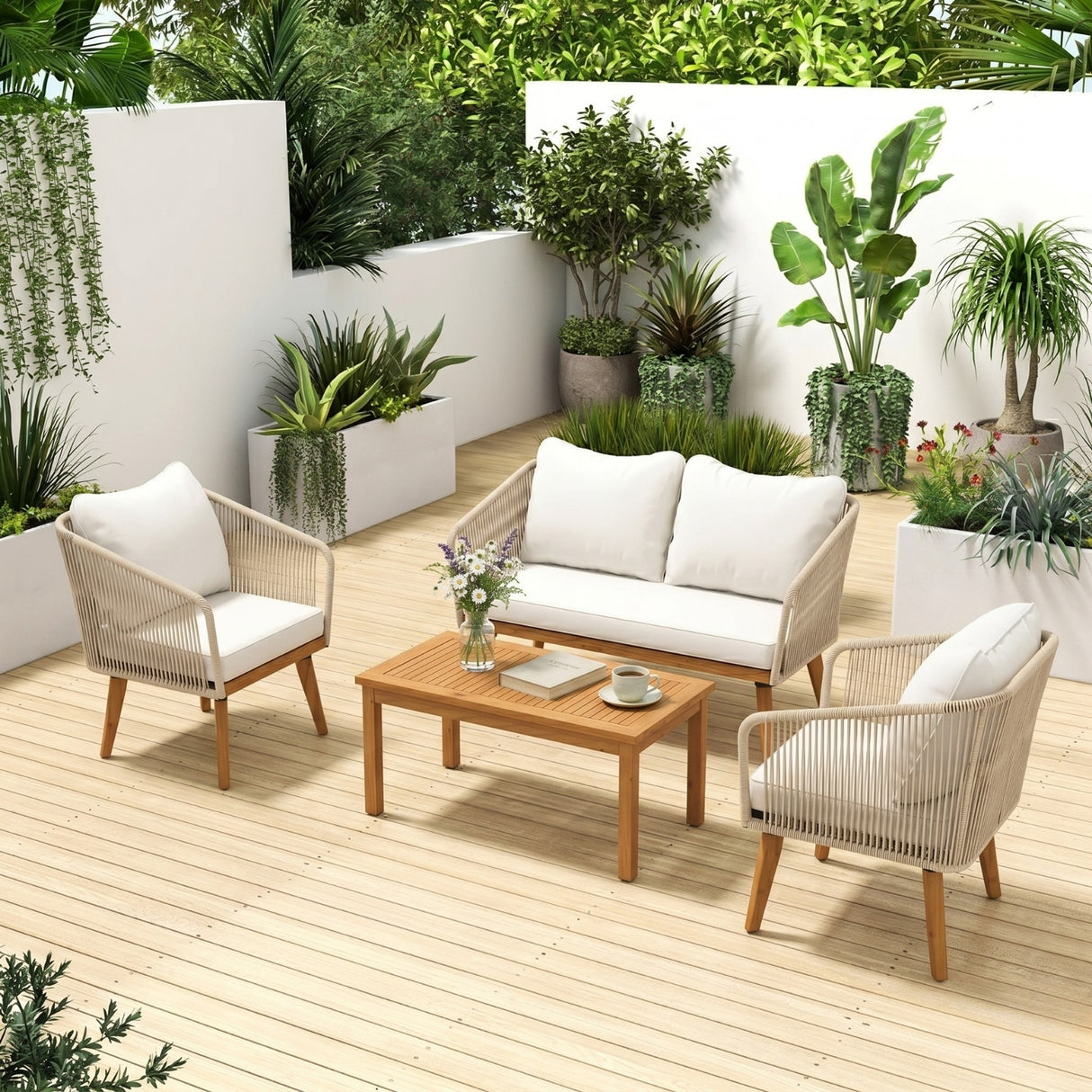 Outdoor Rope 4-Piece Patio Sofa Set with Wooden Legs & Coffee Table (Platinum & Off-White)