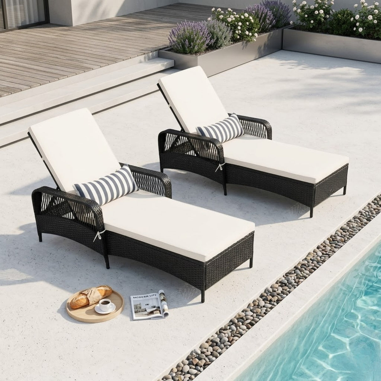 2-Piece Outdoor Rattan Wicker Lounger Set (Black & Off-White)