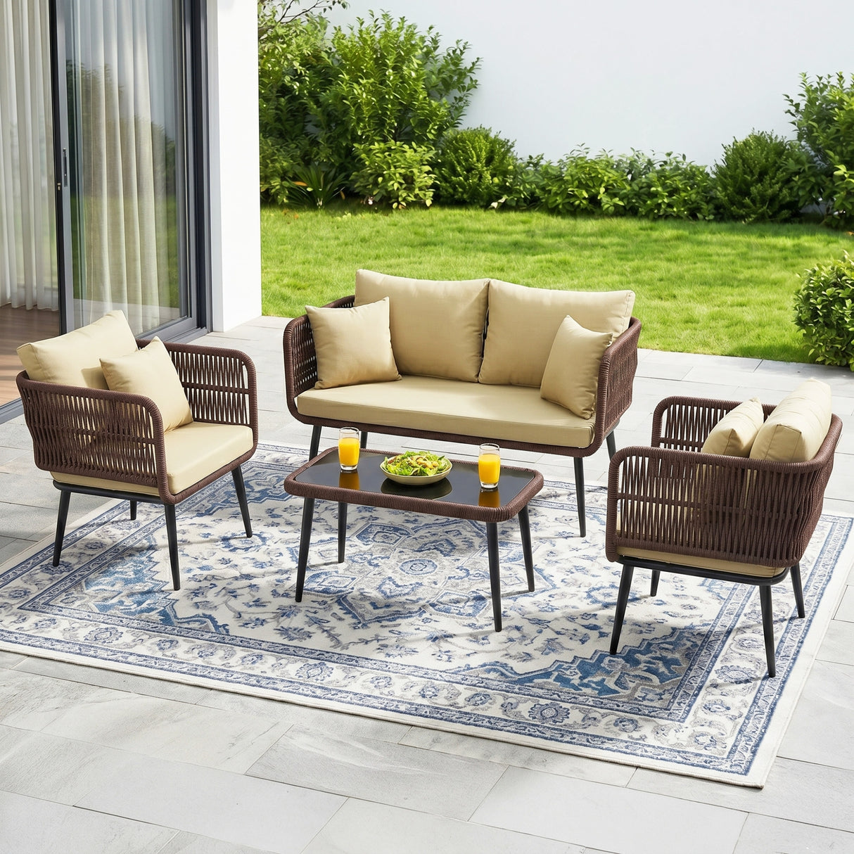 Outdoor Rope 4 Seater Conversation Furniture Set (Brown & Cream)