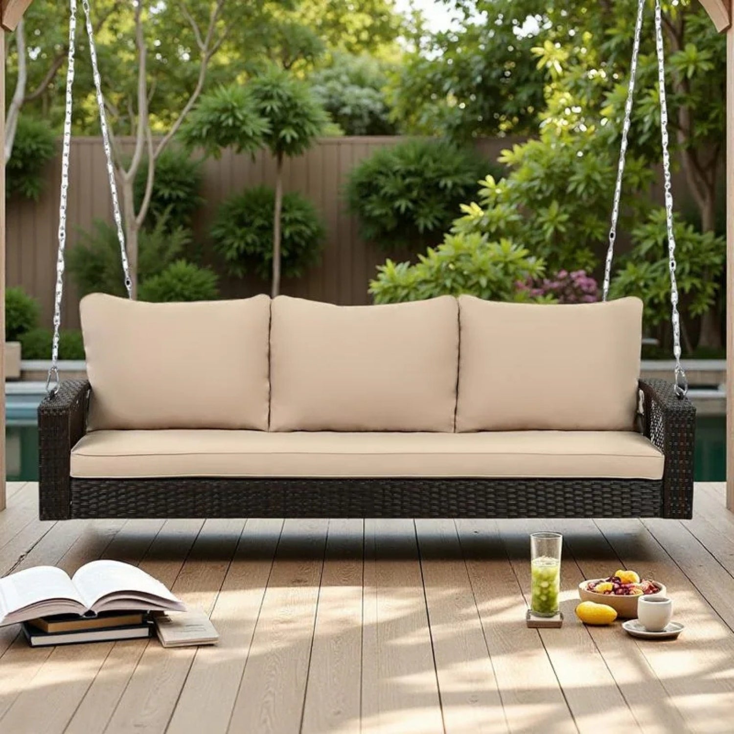 Outdoor Large HDPE Wicker 3-Person Porch Swing