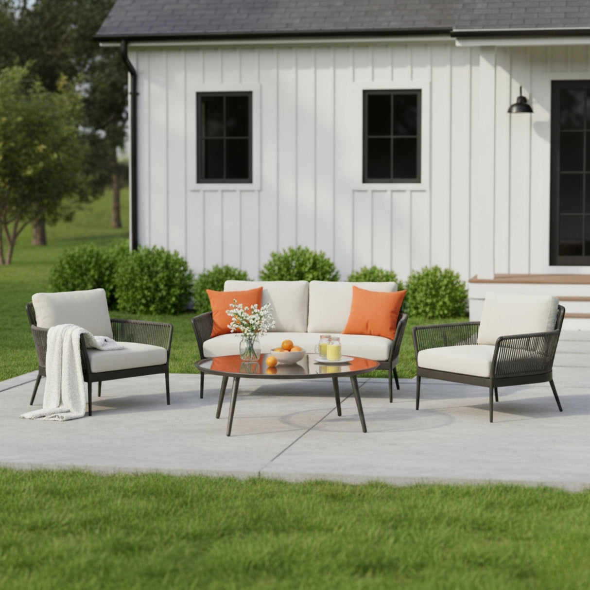4-Piece Outdoor Rope Patio Furniture Set with Glass Top Table (Grey & Off-White)