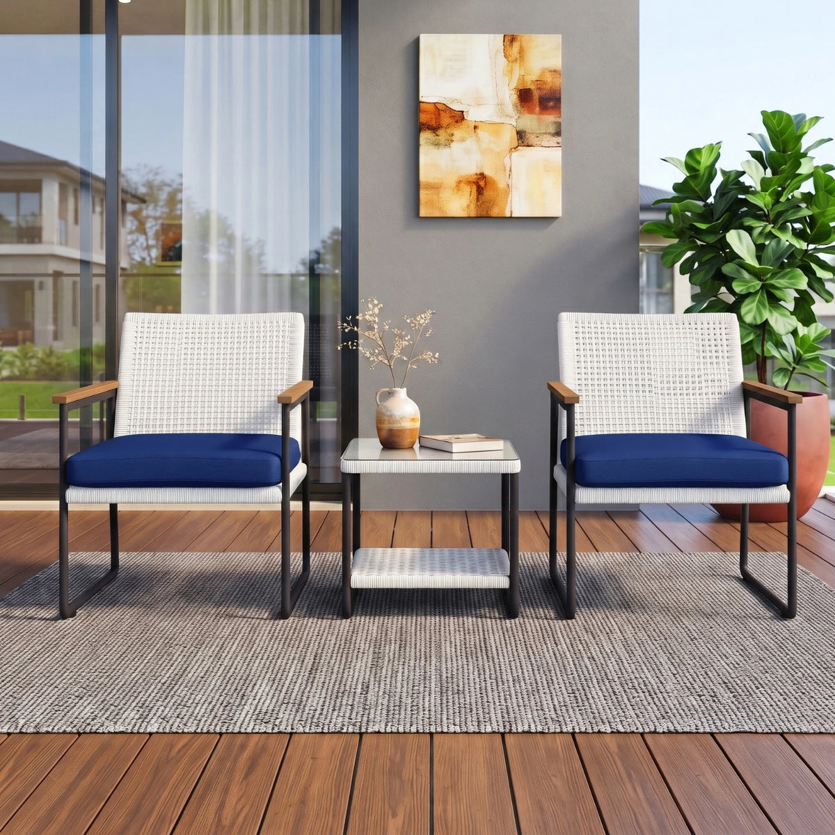 Outdoor 3-Piece Wicker Patio Set(White & Navy Blue)