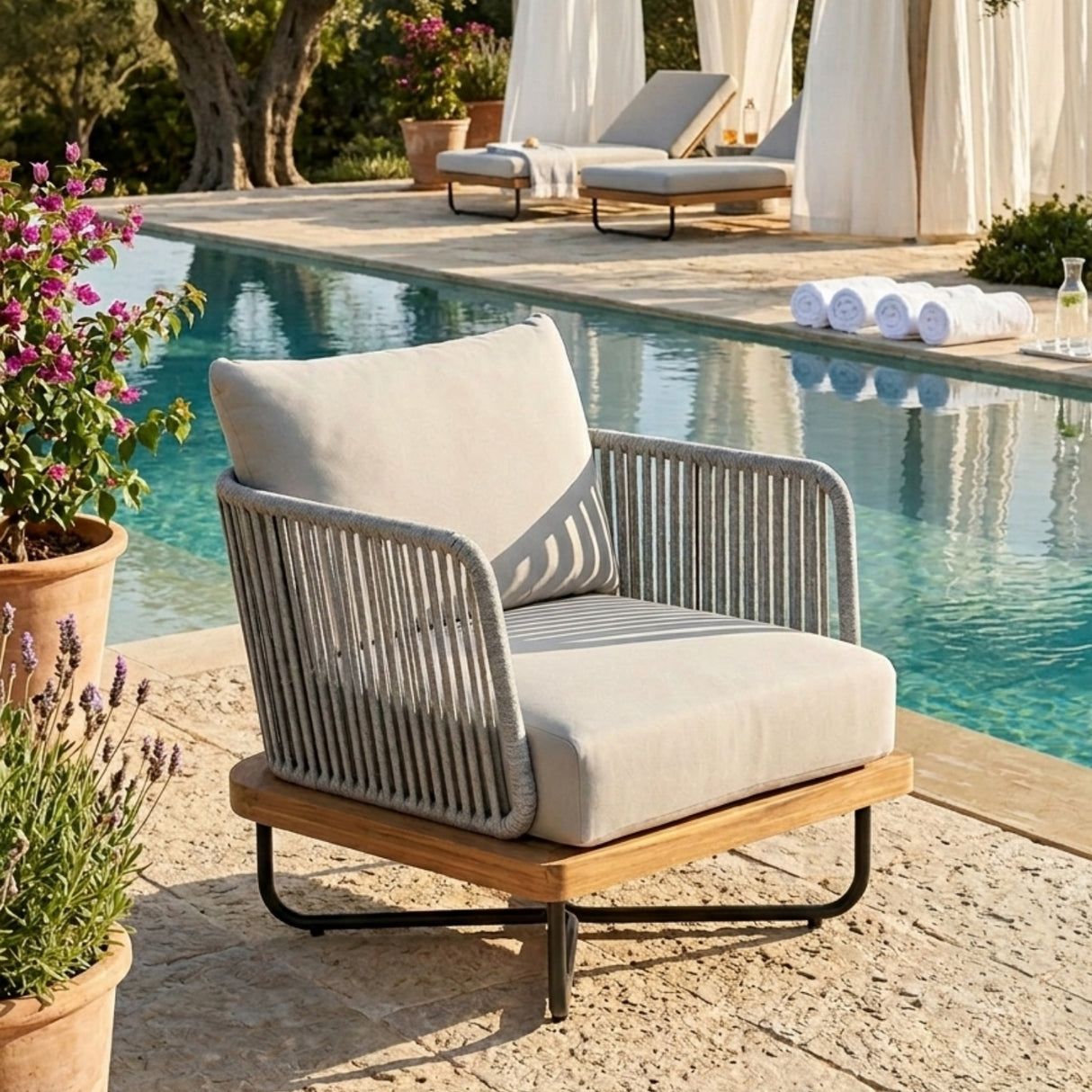 Outdoor Rope Sofa with Wooden Base (Grey)