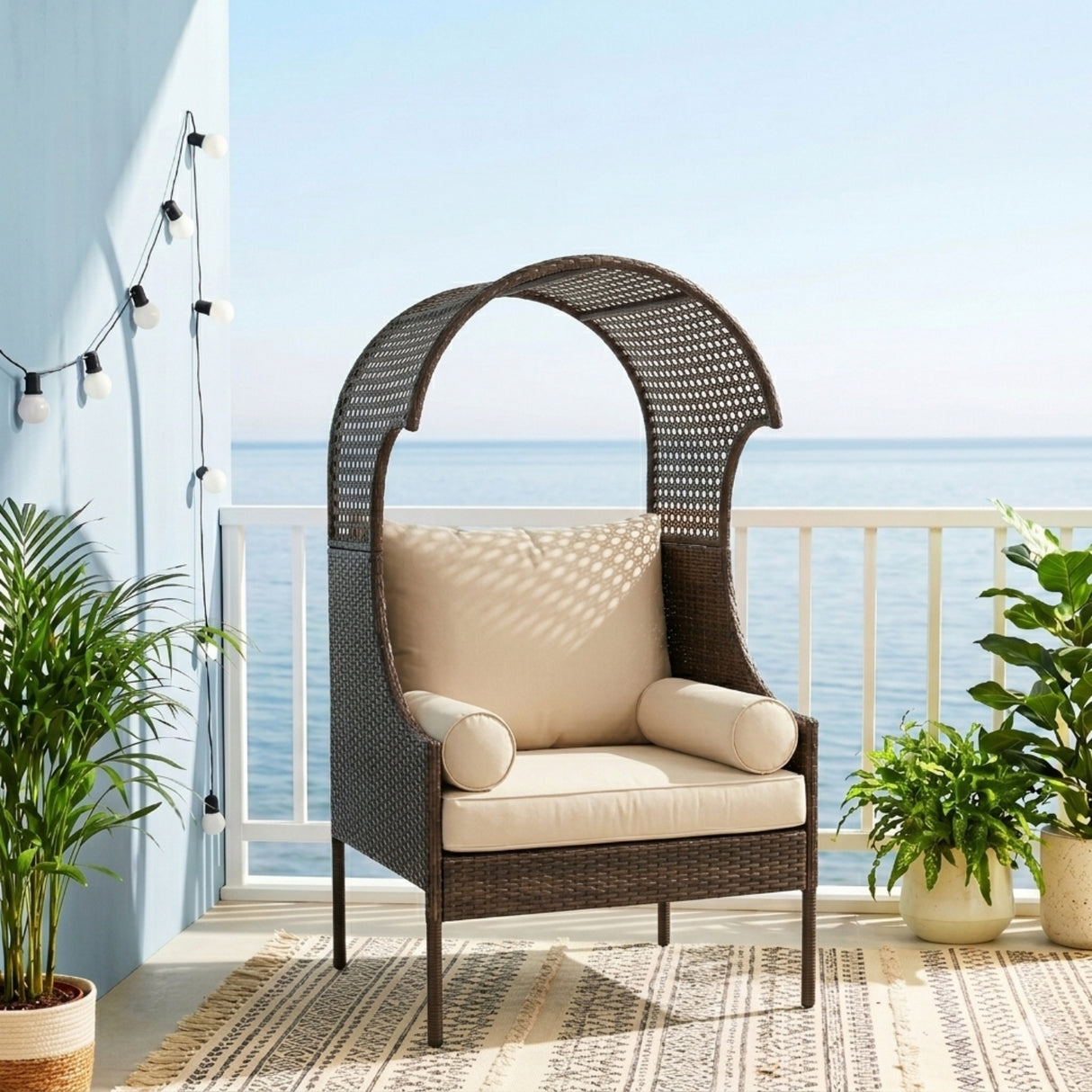 Outdoor Wicker Canopy Egg Chair with Cushions (Dark Brown & Cream)