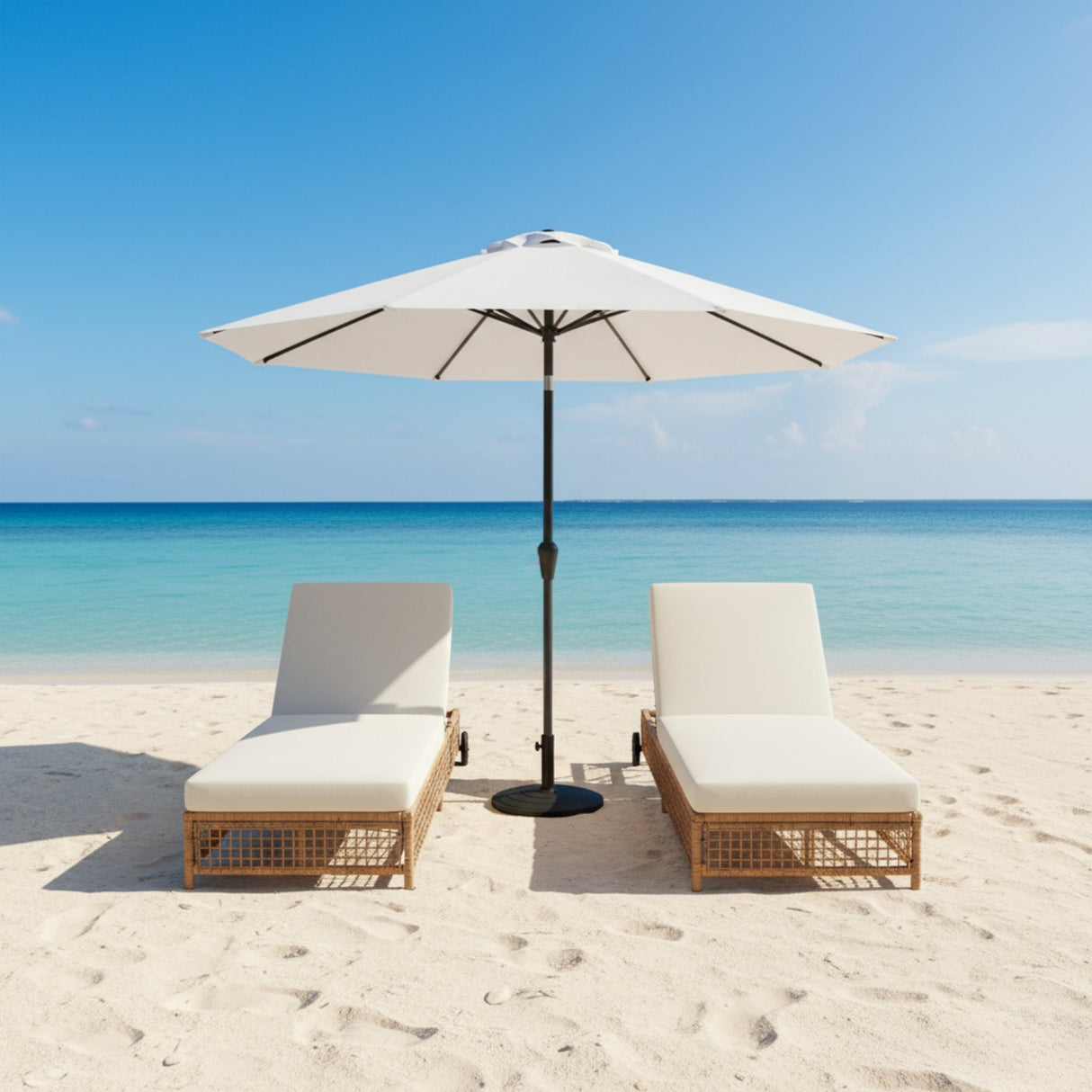 Outdoor Wicker Rattan Lounger Set of 2 with Patio Umbrella (Beige & Off-White)