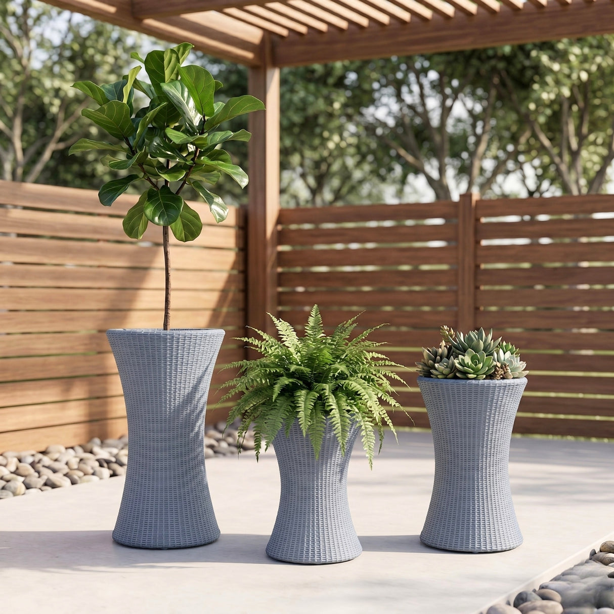 Outdoor Hourglass Design Set of 3 Wicker Planters (Silver Grey)