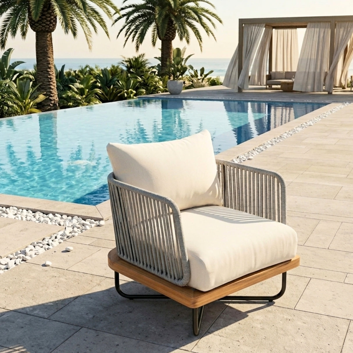 Outdoor Rope Sofa with Wooden Base (Grey & Cream)