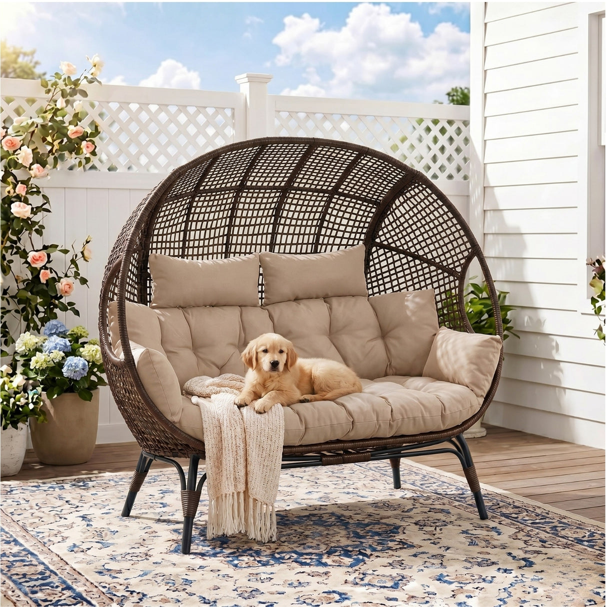 Outdoor Rattan Wicker Double Seater Egg Chair (Dark Brown & Cream)