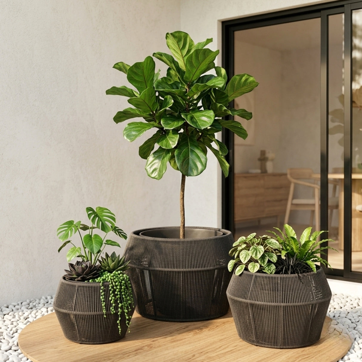 Outdoor 3-Piece Round Rope Planters (Grey)