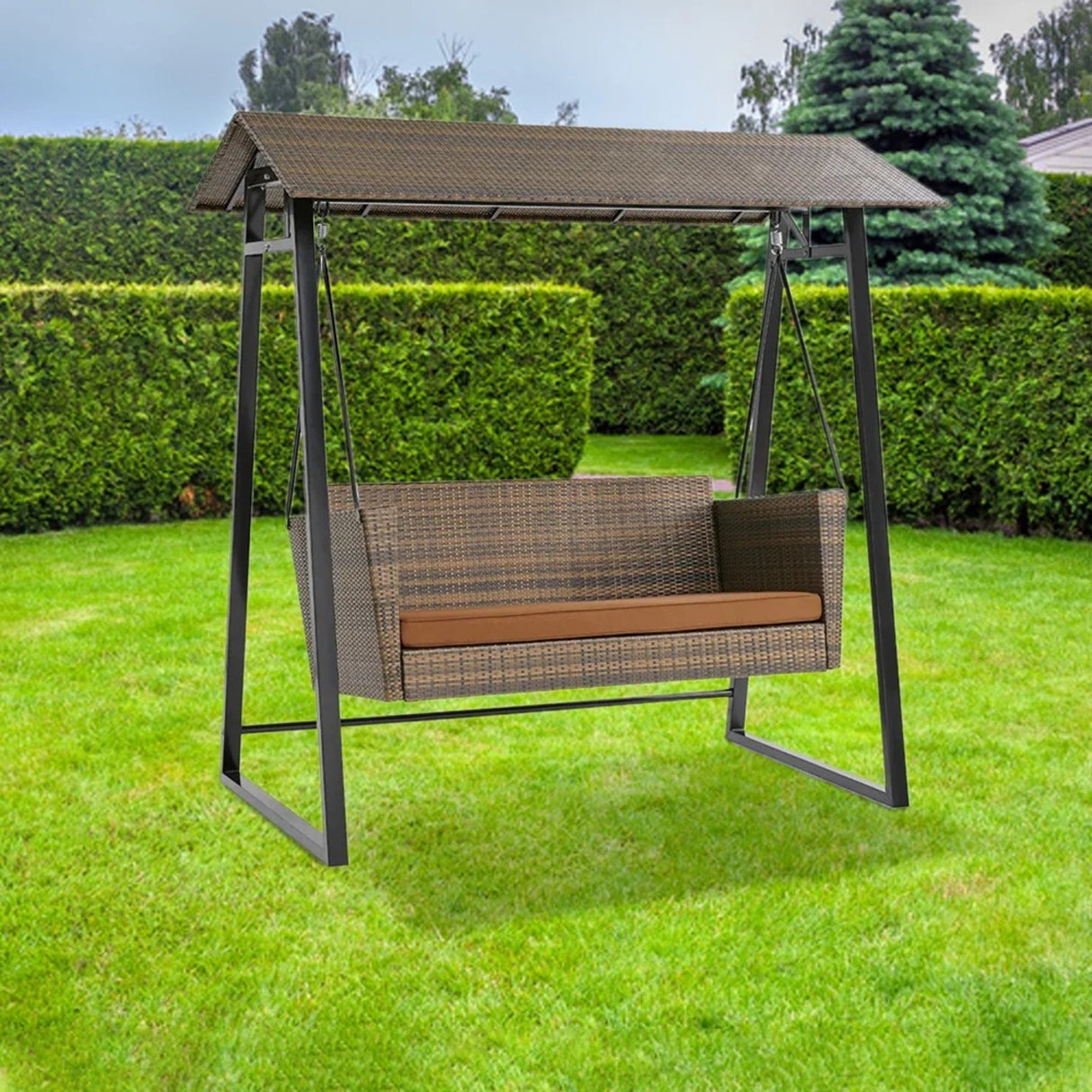 All Weather Wicker 2-Seat Patio Swing Chair with Shade & Cushions