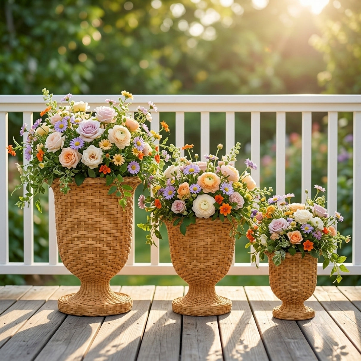 Outdoor Rattan Wicker Urn Planter Set of 3 (Beige)