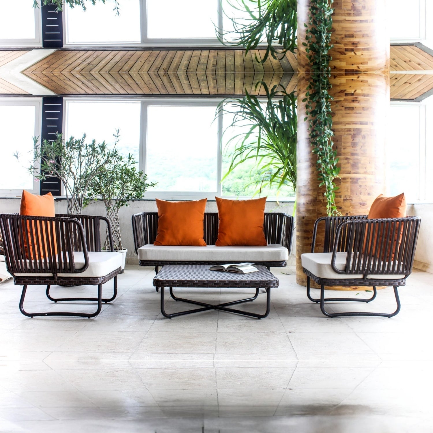 Outdoor Rope 4-Piece Patio Sofa Set with Wicker Top Table (Brown & White)