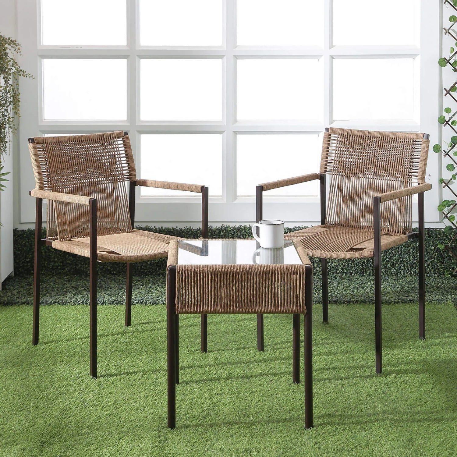 Outdoor Rope 3-Piece Patio Set (Beige)