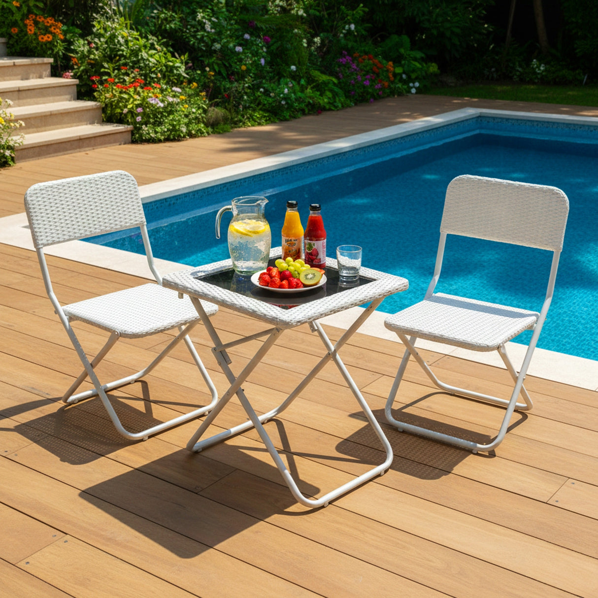 3-Piece Outdoor Wicker Folding Patio Set (White)