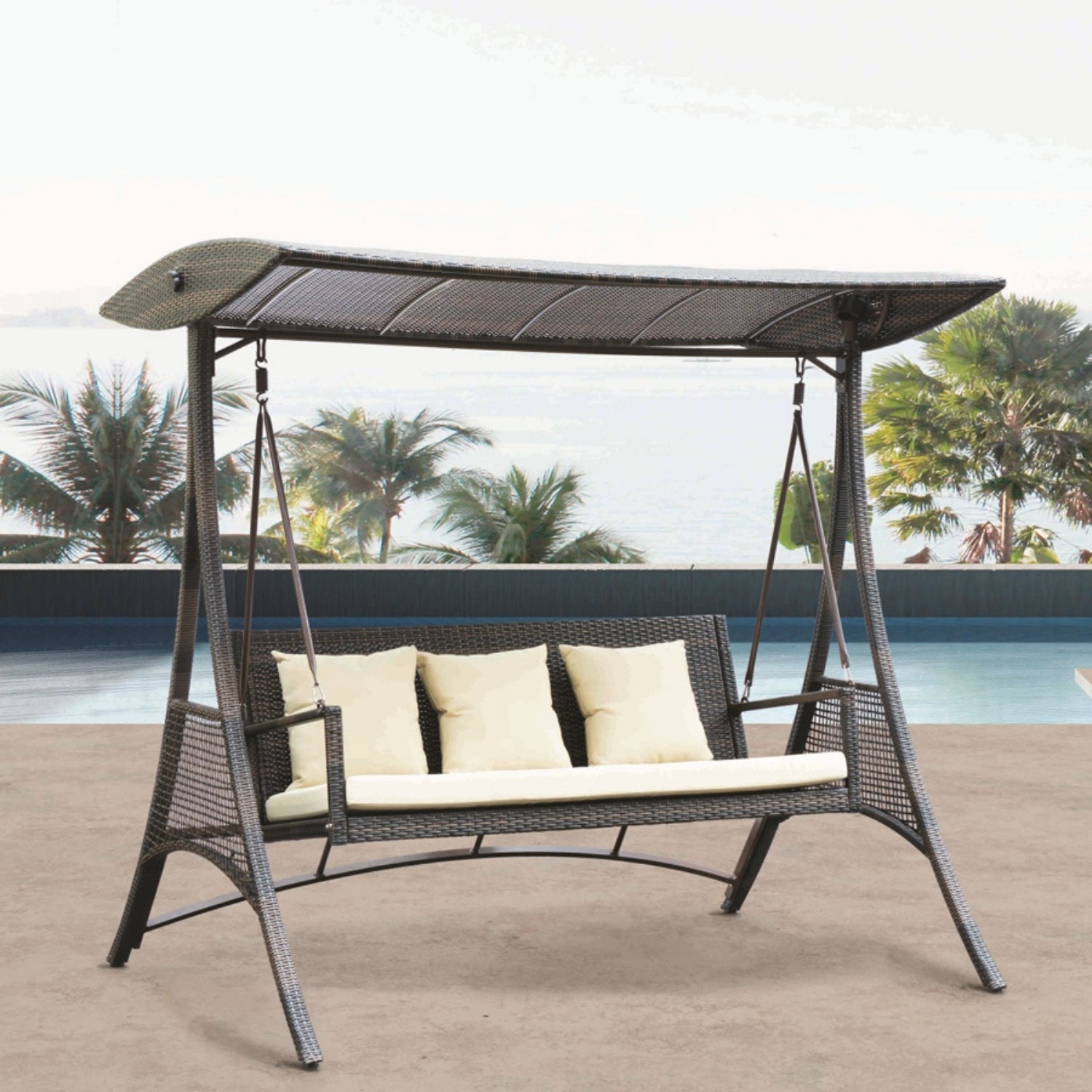 Outdoor Rattan Wicker 3-Seat Patio Swing Chair with Shade & Cushions
